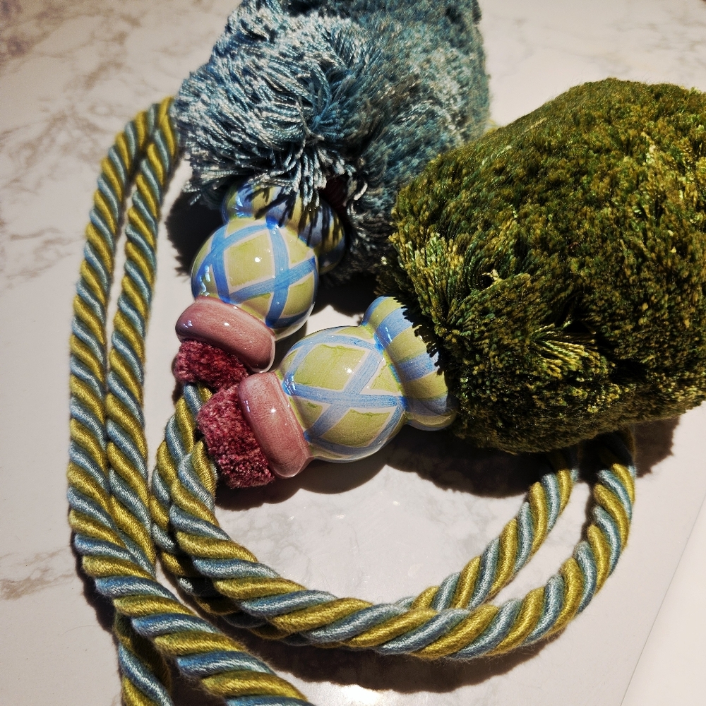 Large Green And Blue MacKenzie-Childs Vintage Tie Backs, 1 Set